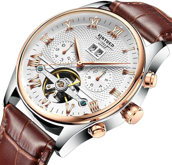 Mens Automatic Watches Skeleton Tourbillon Self Winding Mechanical Waterproof Genuine Leather Strap Luxury Dress Wrist Watch with Calendar