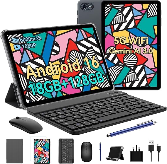 Android 16 Tablet 10 Inch - Gemini AI 3.0 Android Tablets 18GB+128GB/2TB, Octa-Core Tablet with Pen and Keyboard, 6000mAh, FHD, 5G WiFi, Bluetooth