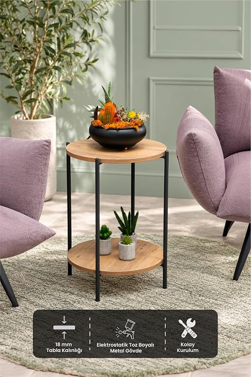 Arpelia Yuvarlak Tablalı İki Katlı Sehpa Q42x60 cm (Lava - Atlantik Çam)