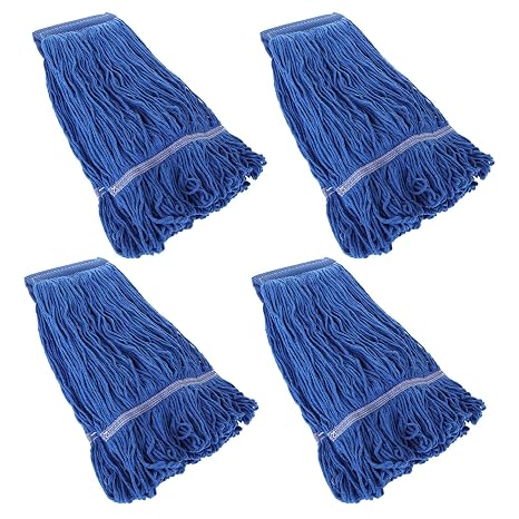 4Pcs Commercial String Mop Head, Loop-End Mop Head Replacement, Heavy Duty Mop Head Refills, 6 Inch Headband, Cotton Looped End Wet Cleaning Mop Refill for Home, Industrial and Commercial Use (Blue)