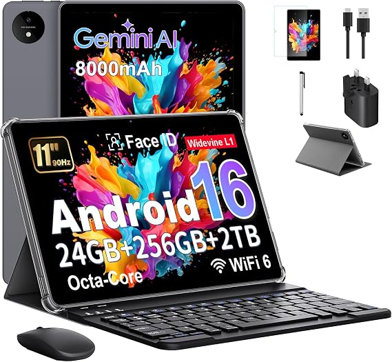 Tablet 11 Inch with Gemini AI, Android 16 Tablets with Case, Keyboard, Mouse, Unisoc T7250 Octa-Core, 24GB RAM+256GB ROM+2TB TF, 1920 x 1200 HD Display, 90Hz, 8MP+13MP Dual Camera, 8000mAh (Gray)
