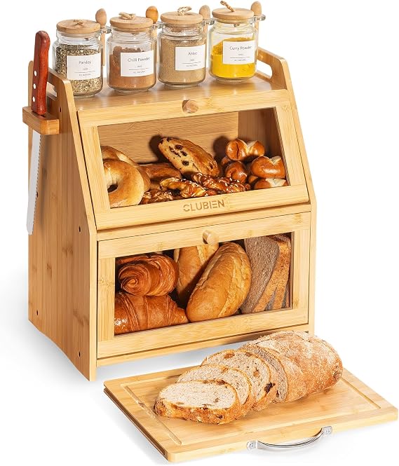 Large 2 Tier Bamboo Bread Bin with Chopping Board & Knife Slot