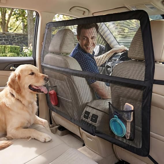 Dog Guard for Car Boot & Back Seat, 50" x 56" x 32" Dog Car Barrier with Metal Frame & Polyester Net, Pet Divider Gate for SUV, Truck, Vehicle, Backseat & Trunk Dog Guard
