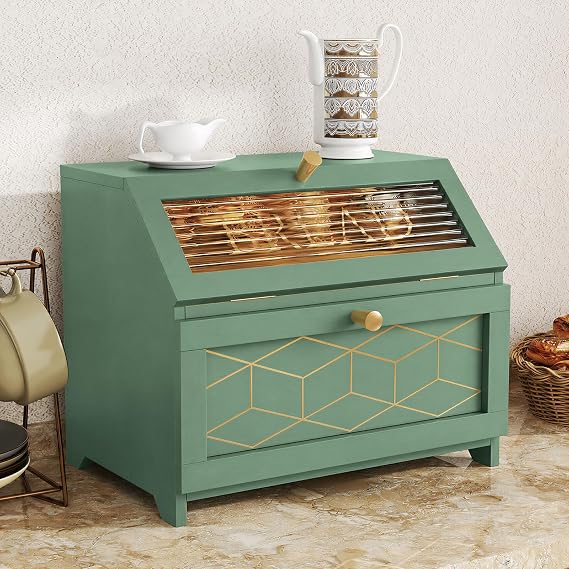 Double Bread Bins for Kitchen, Green Wooden Bread Bin