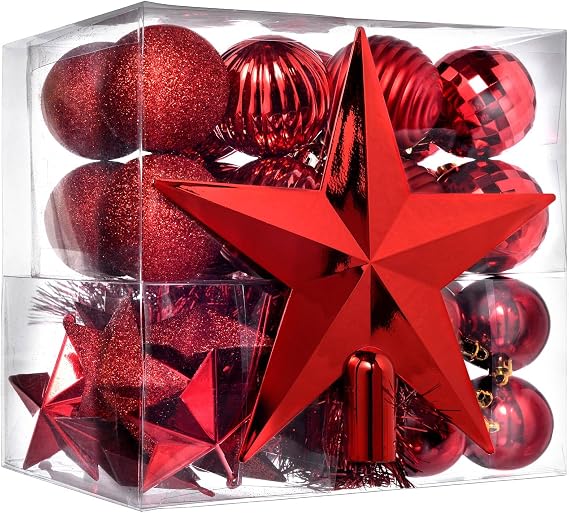 WeRChristmas 42-Piece Shatterproof Baubles Decoration Pack with Tree Topper & Garland - Red, Red