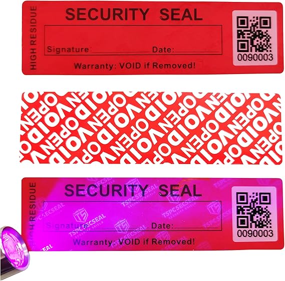 100pcs 25x90mm Fluorescent Mark Tamper Evident Anti Counterfeit Tamper Proof Stickers Labels Seals (100, Matte Red QR, 1" X 3.54")