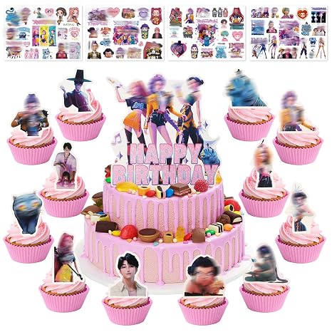 25Pcs De-mon Cake Topper, Cartoon Cake Decorations With Tattoo Stickers, Cupcake Toppers Happy Birthday Decorate for Kids