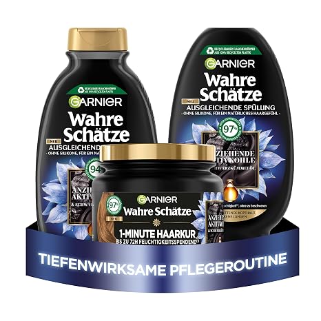 Garnier Ausgleichendes Haarpflege-Set Gegen schnell fettende Kopfhaut und trockene Haarlängen Shampoo (250 ml) Spülung (200 ml) 1-Minute Haarkur (340 ml) Wahre Schätze 3-teilig