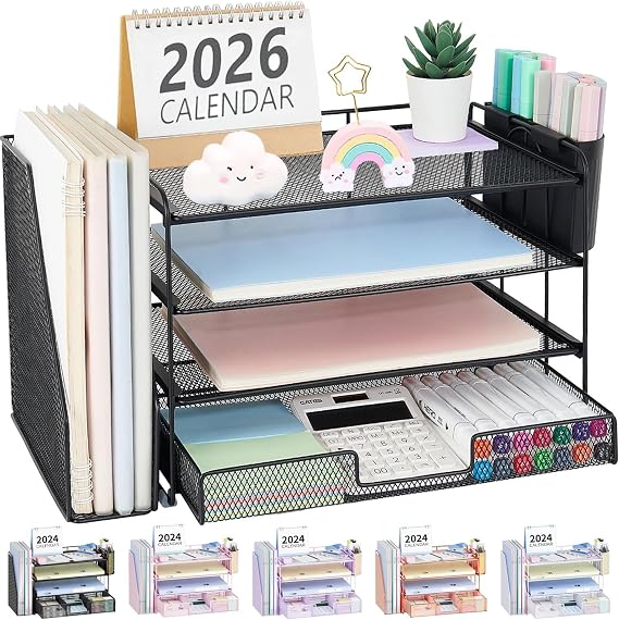 Desktop Organizer with File Holder, 4-Trays Paper Letter Tray Organizer with Drawer and 2 Pen Holders, Desk Organizers and Accessories for Office Supplies, Black (black)