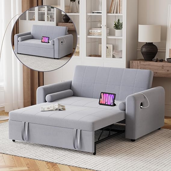 2 Seater Sofa Bed, 3-in-1 Convertible Linen Sleeper Double Sofa Bed with Storage Pockets, USB & Type-C Ports and 3-Position Adjustable Backrest, Pull Out Couch Bed for Living Room, Bedroom, Grey