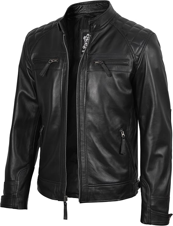 fjackets Mens Leather Jacket Moto Style Real Lambskin Leather Jacket, Quilted Cafe Racer Classic Zip Up Biker Jacket for Mens