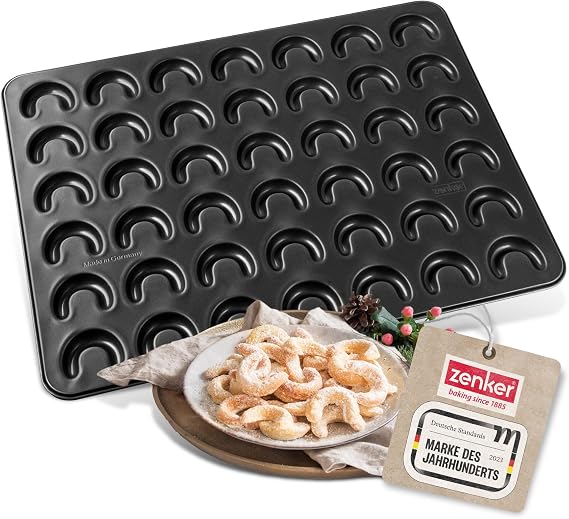 Zenker Vanilla Kipferl Baking Tray - Baking Tray for 42 Sweet or Savory Cunks - Each Cumperle Is Shaped Evenly - Non-Stick Coating for Easy Demoulding Black