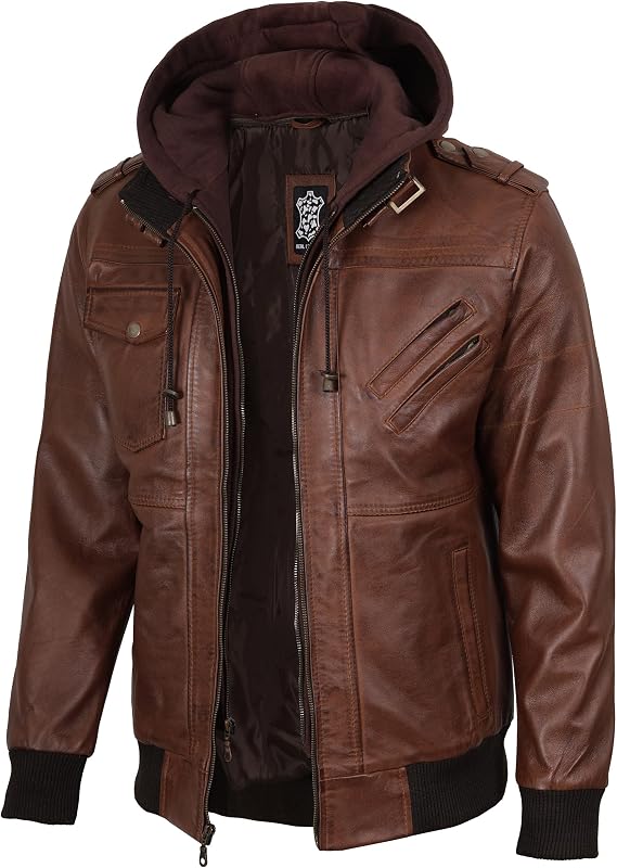fjackets Hooded Leather Jacket Men - Real Lambskin Bomber with Detachable Hood, Mens Leather Bomber Jacket Stand Collar