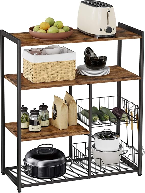 VASAGLE Rustic Brown KKS96X Microwave Kitchen Storage Cabinet with 2 Mesh Wire Baskets 4 Tier Hooks Included 80 x 35 x 95 cm