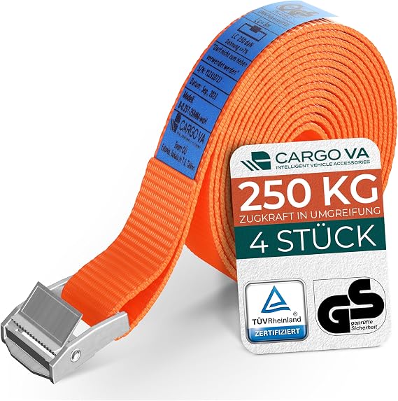 Robust Tie Down Straps with Clamping Lock – TÜV/GS &amp; DIN – Lengths (0.5 m – 5 m) – 250 kg Capacity – For Bicycle Roof Box &amp; Motorcycle [Set of 4/0.5 M