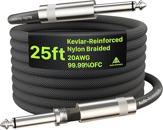 1/4 Instrument Cable 25ft 20AWG 99.99% OFC to Long Guitar Cable, Nylon Braided Anti-Kevlar Reinforced, Neutrik REAN Connector, Shielded Base Cord for Fender Electric Guitar