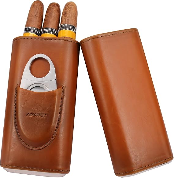 AMANCY 3 Finger Brown Leather Cigar Case with Cedar Wood with Silver Stainless Steel Cutter