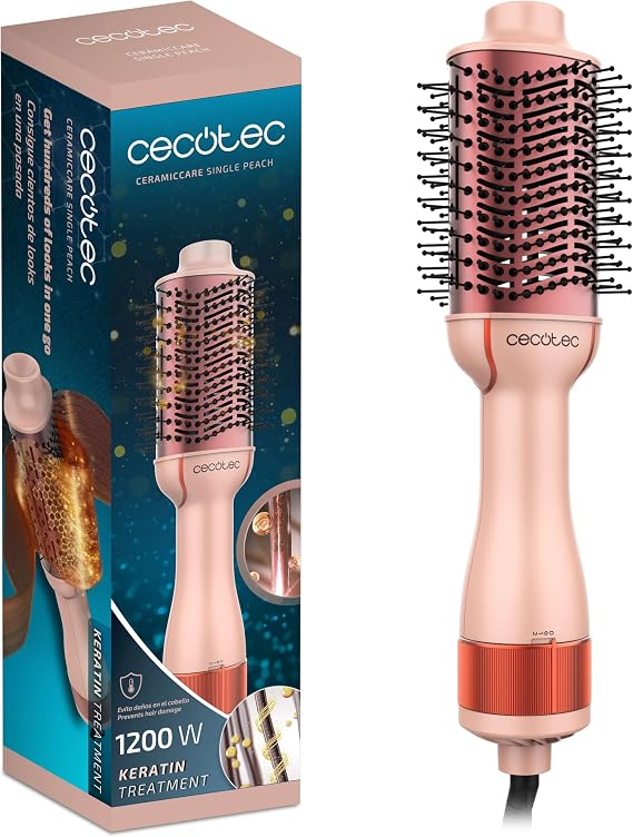 Cecotec CeramicCare Single Peach Volumizing Air Brush, 1200W, Detangles, Dry, Volume, Smoothes and Waves, Ceramic Coating with Keratin and Argan Oil, 3 Modes