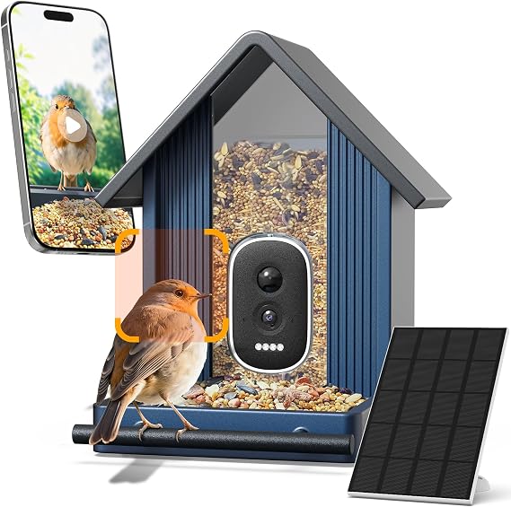 Smart Bird Feeder with Camera, 2.5K UHD Bird Feeder Camera Solar Powerd, Sensitive AI Identification, Instant Alerts Capture Video, IP66 Waterproof for Outdoor, Metal Blue