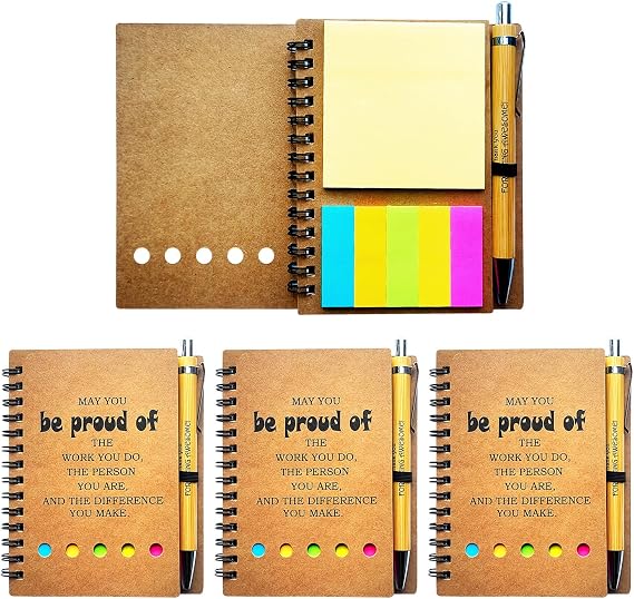 4Sets Employee Appreciation Inspirational Spiral Journal With Sticky Note Notepad Motivational Bamboo Ballpoint Pen Bulk for Nurse Teacher Student Coworker Thank You Present (4pcs)