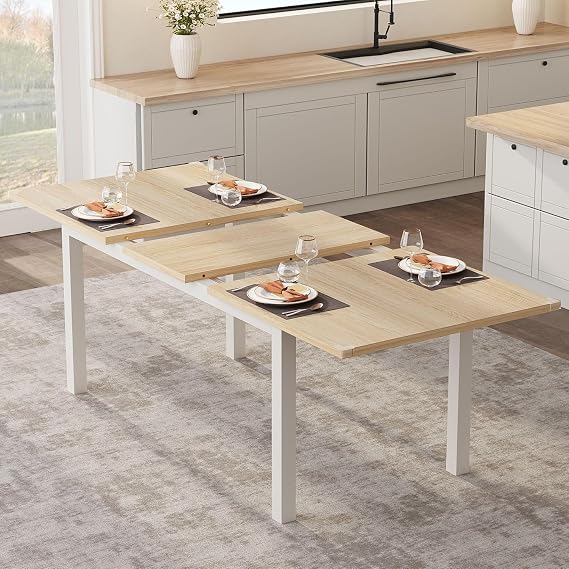 47.3"-63" Extendable Office Dining Table, Space-Saving Kitchen Table with Metal Frame & MDF Top, Easy Clean, Natural Wood & White Dinner Table for 6, Ideal for Workspace or Kitchen, Single Table