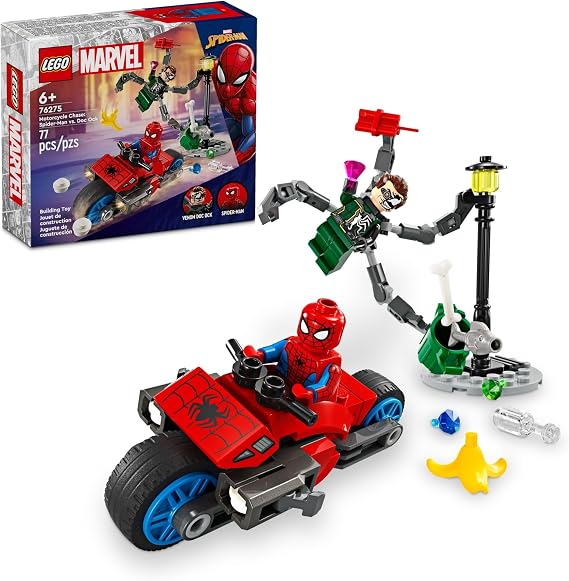 LEGO Marvel Bike Chase: Spider-Man vs. Doc Ock Buildable Toy with Stud Shooters and Web Blaster 2 Marvel Minifigures, Super Hero Toys Gift for Boys and Girls Ages 6+ 76275