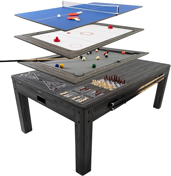 7 in 1 Games & Dining Table 7ft Wood Pool Table Tennis Air Hockey Chess Backgammon Shuffleboard Multi Sports Game Set Indoor Party Entertainment Home Office Adult Kids Accessories Included