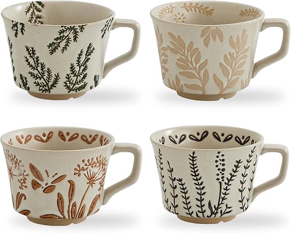 350 ml Vintage Ceramic Coffee Cups – Handmade Stoneware Mugs, Big and Stackable for Large Lattes and Camping Coffee, Featuring Plants Designs (Set of 4)