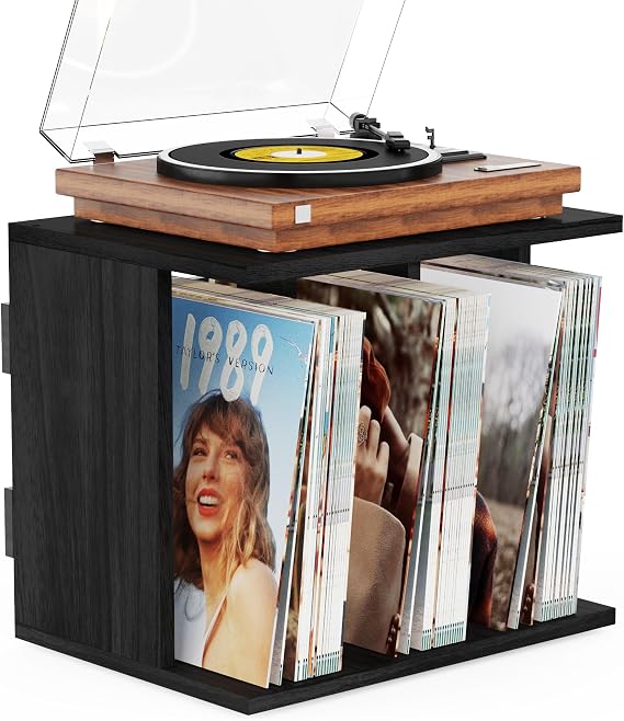 Vinyl Record Storage Wall Mounted Holds 100 LP Albums, 3-Tier Organizer Cabinet with Wall Mount, Wood Record Holder for Living Room Home Decor (Black)