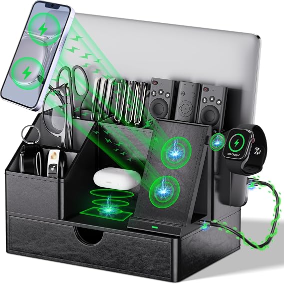 Black PU Leather Multi-Device Charging Station with Drawer - 6-in-1 Desktop Organizer for Phone, iPad, Tablet, Laptop, Watch, Headphones - Electronics Docking Hub & Storage Box for Office Home (Black)