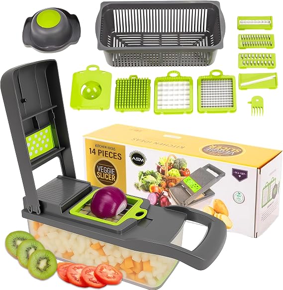 Vegetable Chopper Multifunctional 14-in-1 Kitchen Tool with Interchangeable Stainless Steel Blades, Container and Hand Guard
