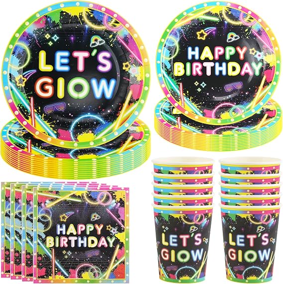 Neon Birthday Party Tableware Set, 50 Pieces Bright Colored Decorations, Black Light Birthday Tableware, Plates, Paper Napkins, Tableware 10 Guests
