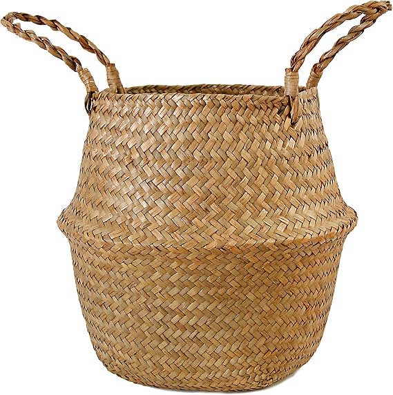 FEILANDUO Seagrass Belly Basket Woven Plant Pot with Handle, Natural Foldable Laundry Toy Storage Baskets for Shelves (Natural, Widest Part 22 x 20cm)