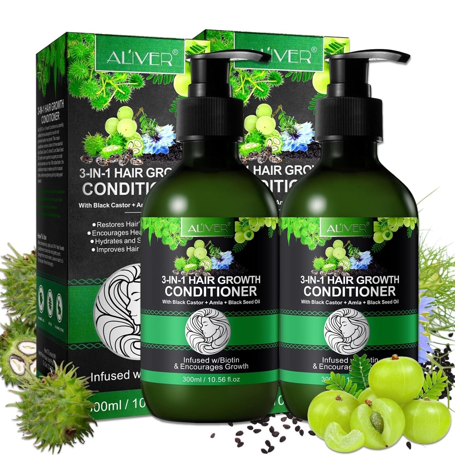 P-Beauty 3-in-1 Conditioner with Castor Amla & Black Cumin Oil 2 x 300 ml Strengthens Nourishes and Hydrates Deeply Effective for Healthy Shiny Hair - Supports Hair Growth
