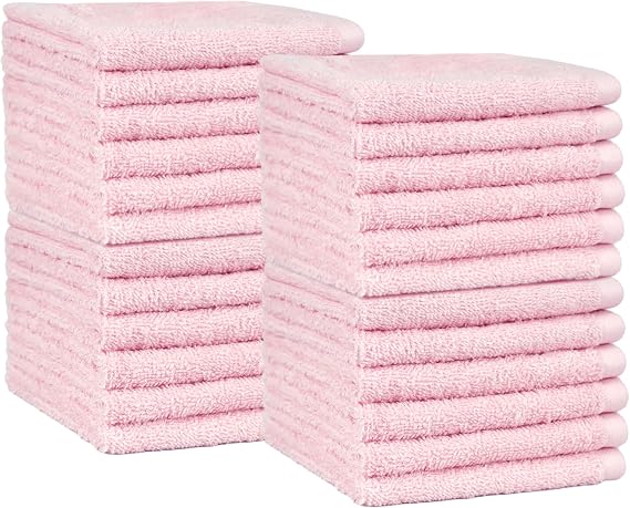 Amazon Basics Face Towel Set for bathroom, 100% Cotton Extra Absorbent Fast Drying Face Cloths 30 x 30 cm, Petal Pink, 24-Pack