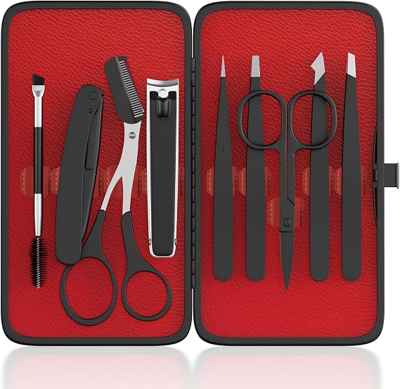 Tweezers for Women Facial Hair, 9 in 1 Eyebrow Kit with Tweezers, Eyebrow Trimmer Scissors, Razor, Brush with Leather Travel Case, Hair Plucking Daily Beauty Tools