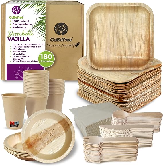 GoBeTree Palm Leaf Disposable Tableware 180 Pieces for 25 People