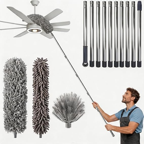 Feather Duster Extendable, 4.5M Extendable Duster Extra Long, Cobweb Brush Extendable, Reusable Flexible Duster with 10 Extension Rods