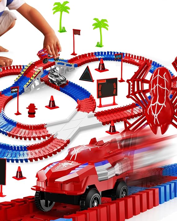 Spider Construction Race Track Set for Kids Ages 3-9, STEM Building Car Track Toys with Superhero Cars, Creative Track Toy Gift for Boys & Girls Age 3 4 5 6 7, Outdoor Indoor Toddler Toy Gift Set