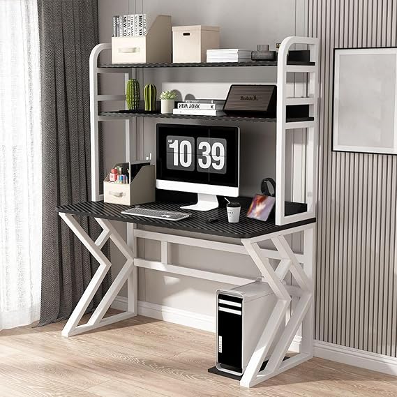 Computer Desk with Storage Shelves, Large Home Office Study Writing Table with Bookshelf, Modern PC Laptop Table Gaming Desk(80x60x170cm, Carbon Fiber)