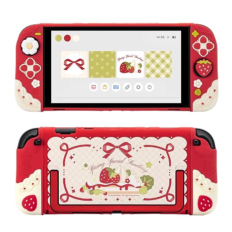 GeekShare Soft Silicone Protective Case for Switch 2 (2025) Separable Protective Case Scratch-Resistant Switch 2 Case with 2 Thumb Grip Caps (Cream Strawberry (Red)