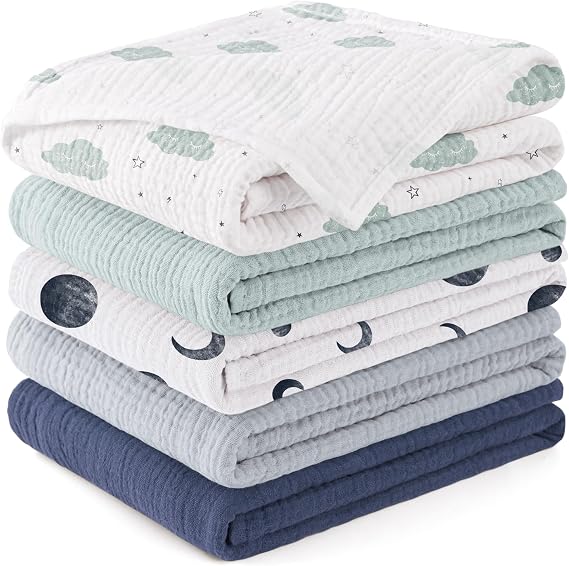 Susurration Muslin Cloths for Baby, 100% Cotton Baby Muslin Squares Cloths for Newborn Boy and Girl, Soft, Breathable and Extremely Absorbent Baby Muslin Burp Cloths, 60 x 60 cm, 5 Pack