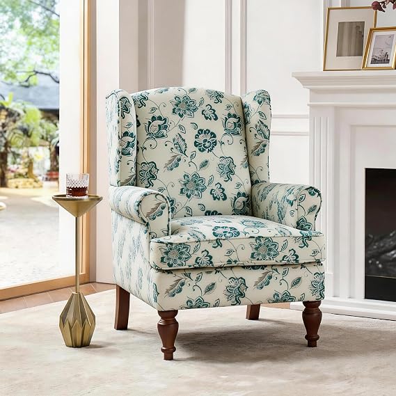 Wingback Armchair, Retro Accent Chair Soft Padded Fabric Lounge Padded Sofa, Retro Vantage Leisure Armchair for Living Room Bedroom - Solid Wood Frame - Teal