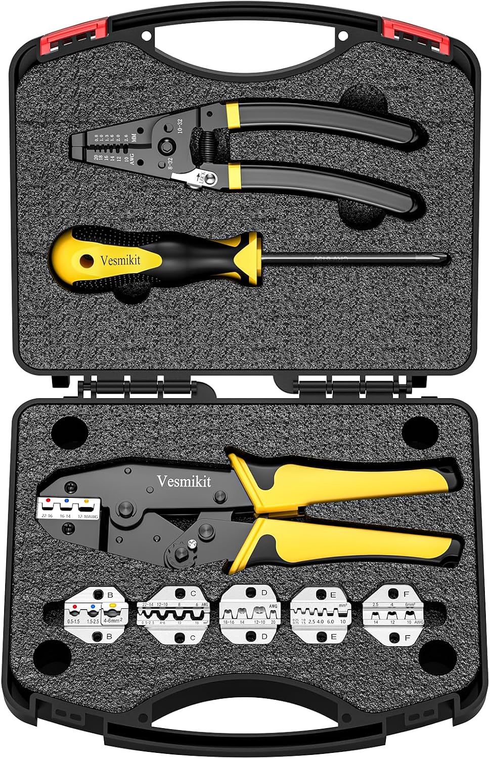 圧着工具セット 8個 - 熱収縮用ラチェットワイヤー圧着工具 絶縁ナイロン 非絶縁 ワイヤーフェルール オープンバレル端子 ソーラーコネクタ 6つの交換可能なダイ付きクリンパー