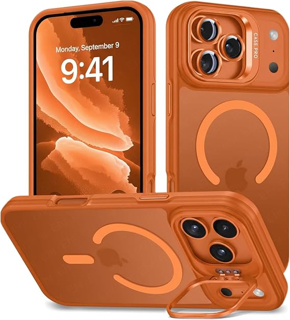 Ehr. iPhone 17 Pro Max/iPhone 18 Pro Max ile Uyumlu Magsafe Wireless Şarj Özellikli Kamera Standlı Lüks Mat Silikon Kılıf [Lens Koruyucu Hediyeli] (Turuncu, iPhone 17 Pro Max/iPhone 18 Pro Max)
