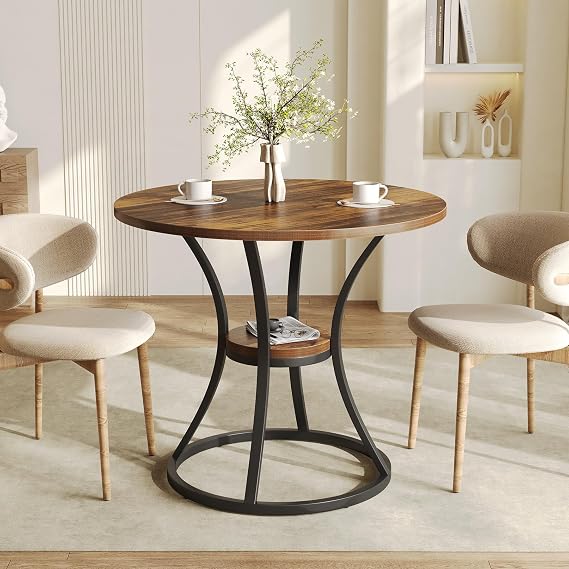 Tribesigns Round Dining Table for 2-4, 80cm Kitchen Dining Room Table with Storage & Metal Base, Small Wooden Circle Dinner Tables Space Saving Kitchen Tables for Living Room, Rustic Brown