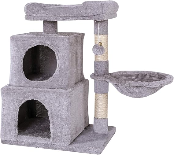 Lionto Tree Scratching Post with 2 Caves, Bed and Hammock, 70 cm, Light Grey