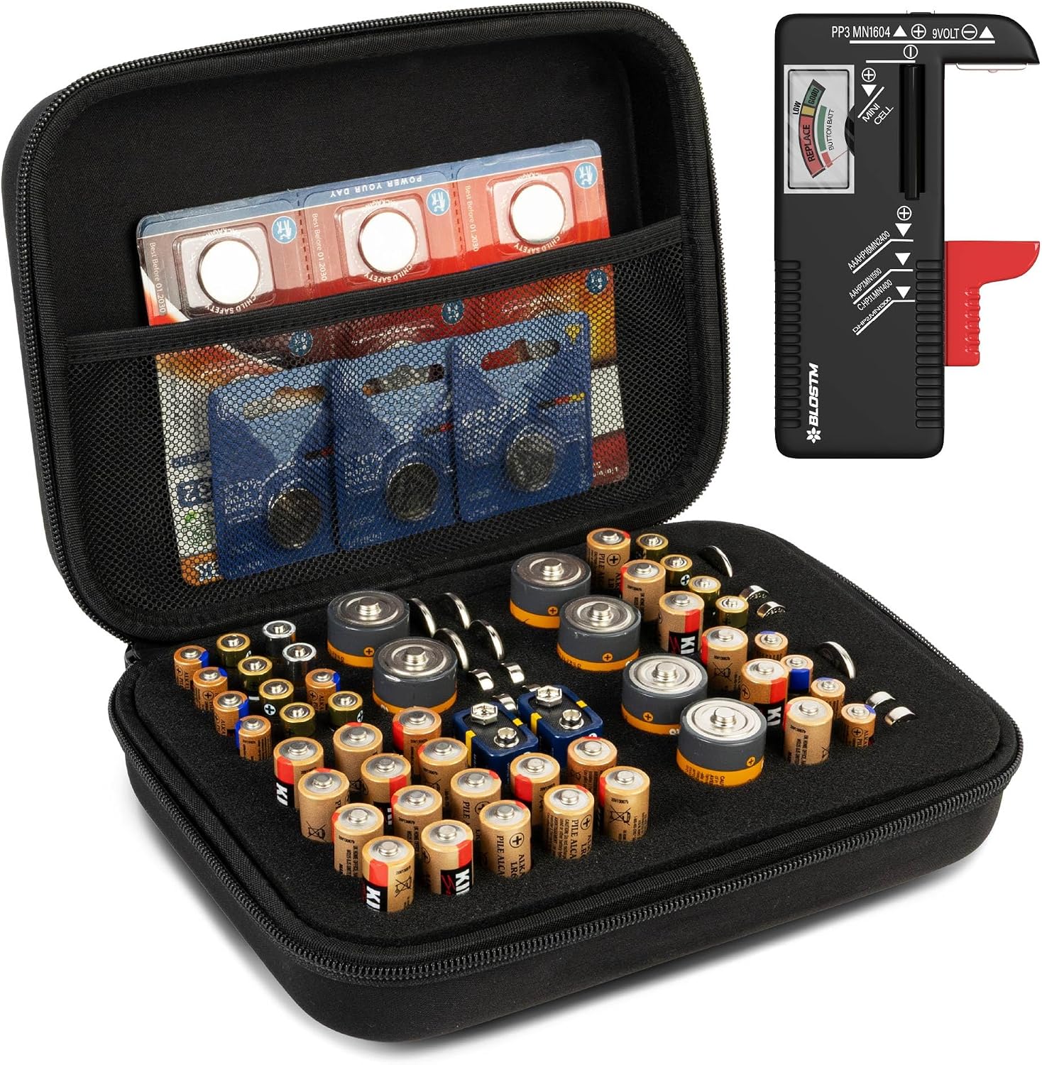BLOSTM Battery Storage Case with Tester - Portable Battery Organiser with 64 Slots for AAA, AA, 9V C, D, Button Cell - Compact, Robust Carrying Case for Batteries (Not Included)