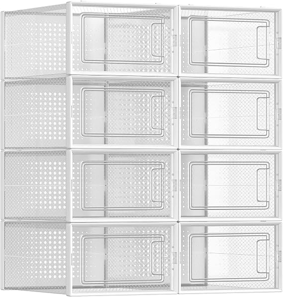 SONGMICS Shoe boxes, 8-pack shoe carton, foldable and stackable, up to size 44, clear-white LSP08SWT