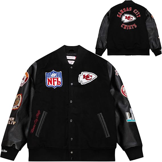 Mitchell & Ness NFL Blackout Retro College Jacket Wool Polyester Mix PU Sleeves High-Quality Patches and Embroidery on Chest and Sleeves Ribbed Cuffs on Collar Sleeves and Hem